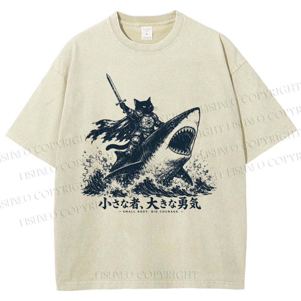 Unisex Samurai Cat Riding Shark Printed Washed Tee