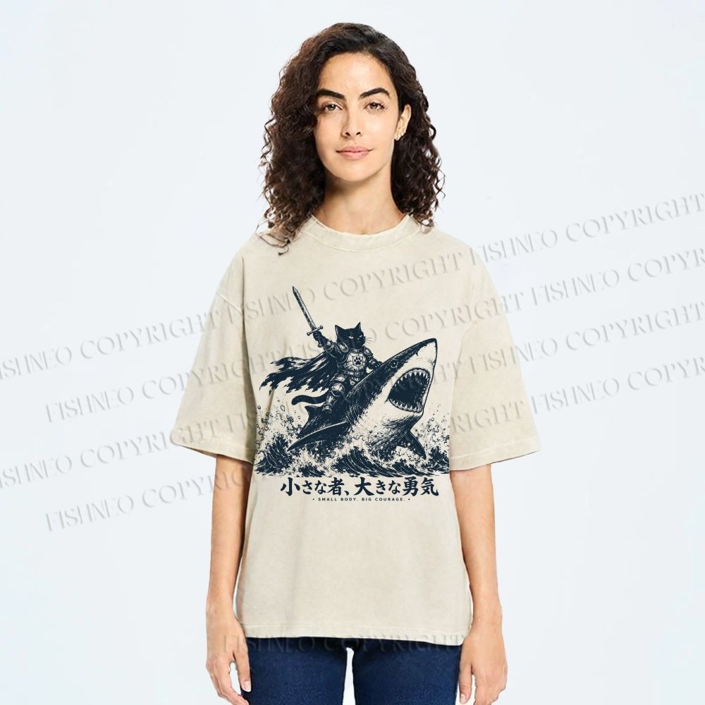 Unisex Samurai Cat Riding Shark Printed Washed Tee