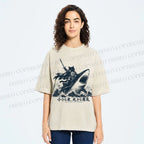 Unisex Samurai Cat Riding Shark Printed Washed Tee
