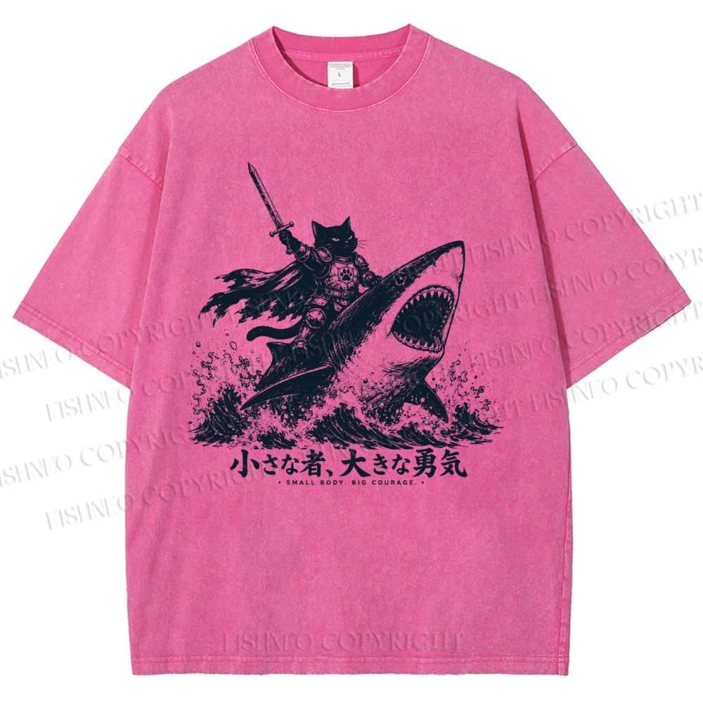 Unisex Samurai Cat Riding Shark Printed Washed Tee