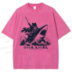 Unisex Samurai Cat Riding Shark Printed Washed Tee