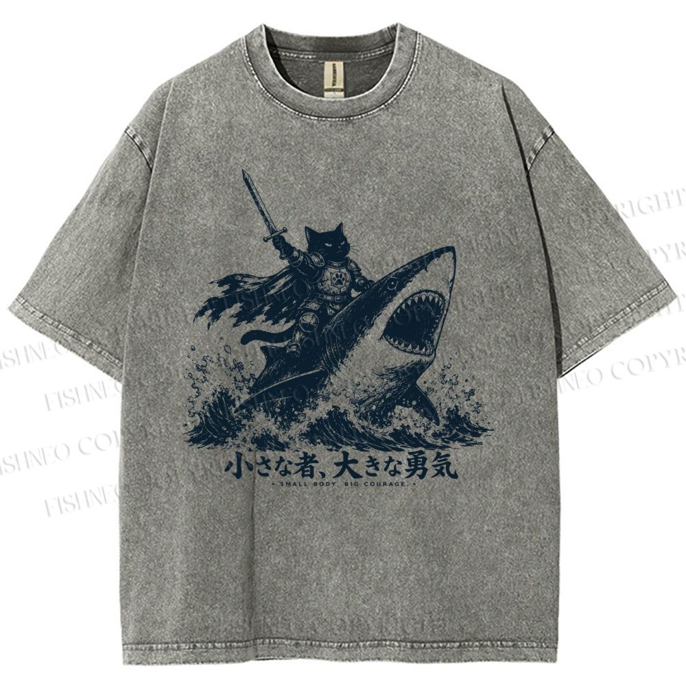 Unisex Samurai Cat Riding Shark Printed Washed Tee