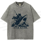 Unisex Samurai Cat Riding Shark Printed Washed Tee