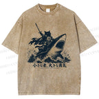 Unisex Samurai Cat Riding Shark Printed Washed Tee