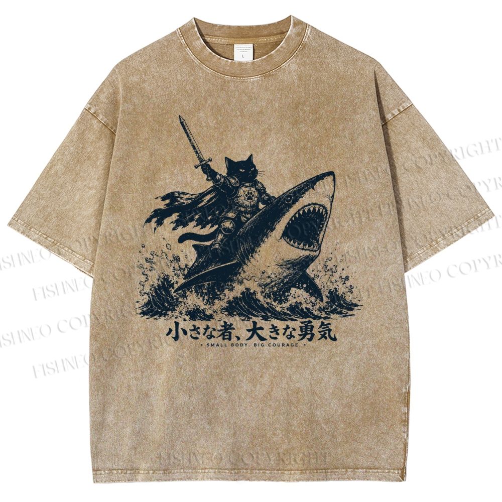 Unisex Samurai Cat Riding Shark Printed Washed Tee