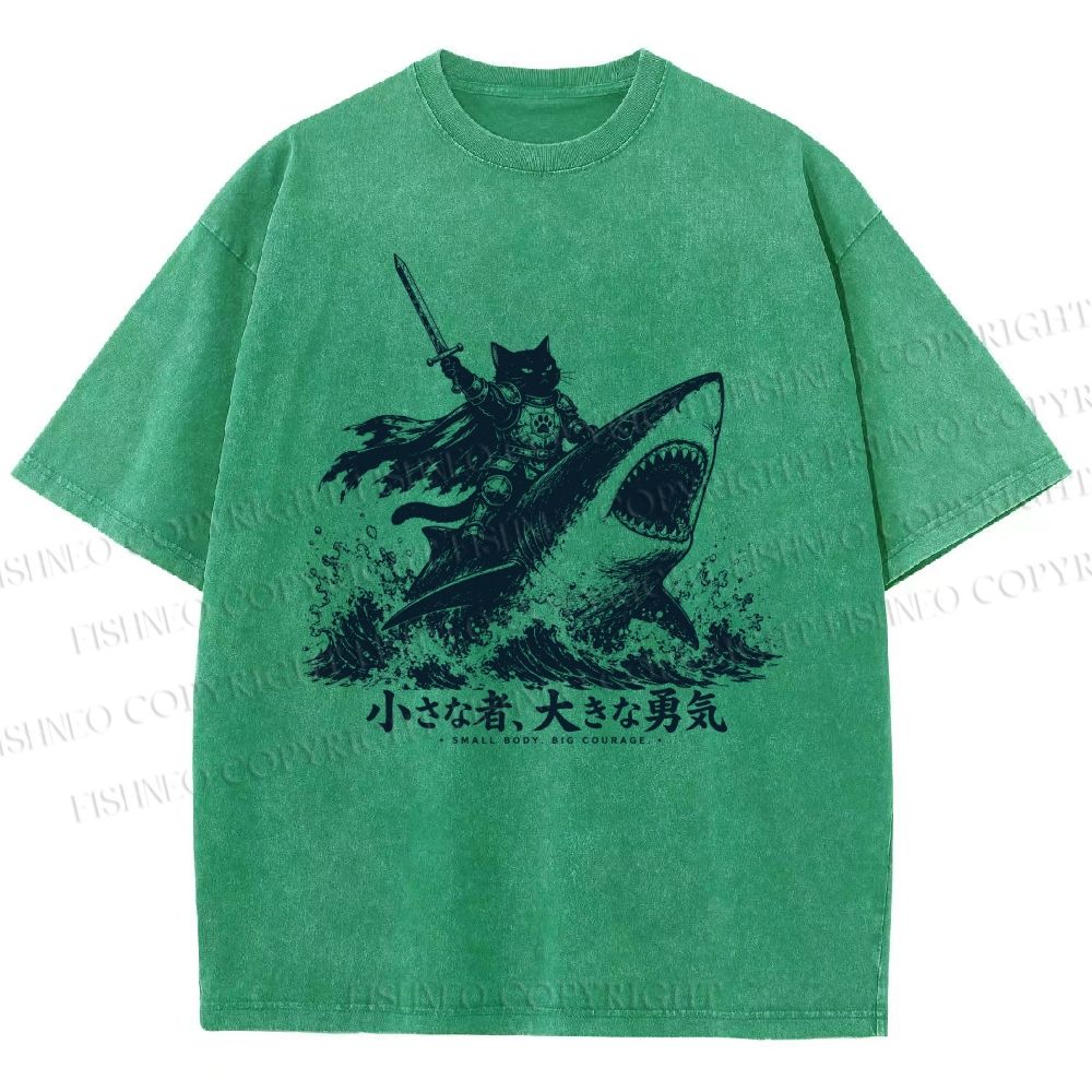 Unisex Samurai Cat Riding Shark Printed Washed Tee