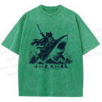 Unisex Samurai Cat Riding Shark Printed Washed Tee