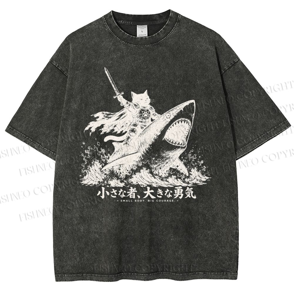 Unisex Samurai Cat Riding Shark Printed Washed Tee