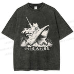 Unisex Samurai Cat Riding Shark Printed Washed Tee