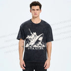 Unisex Samurai Cat Riding Shark Printed Washed Tee