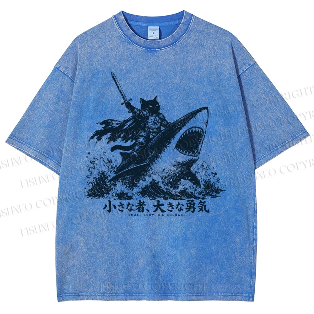 Unisex Samurai Cat Riding Shark Printed Washed Tee