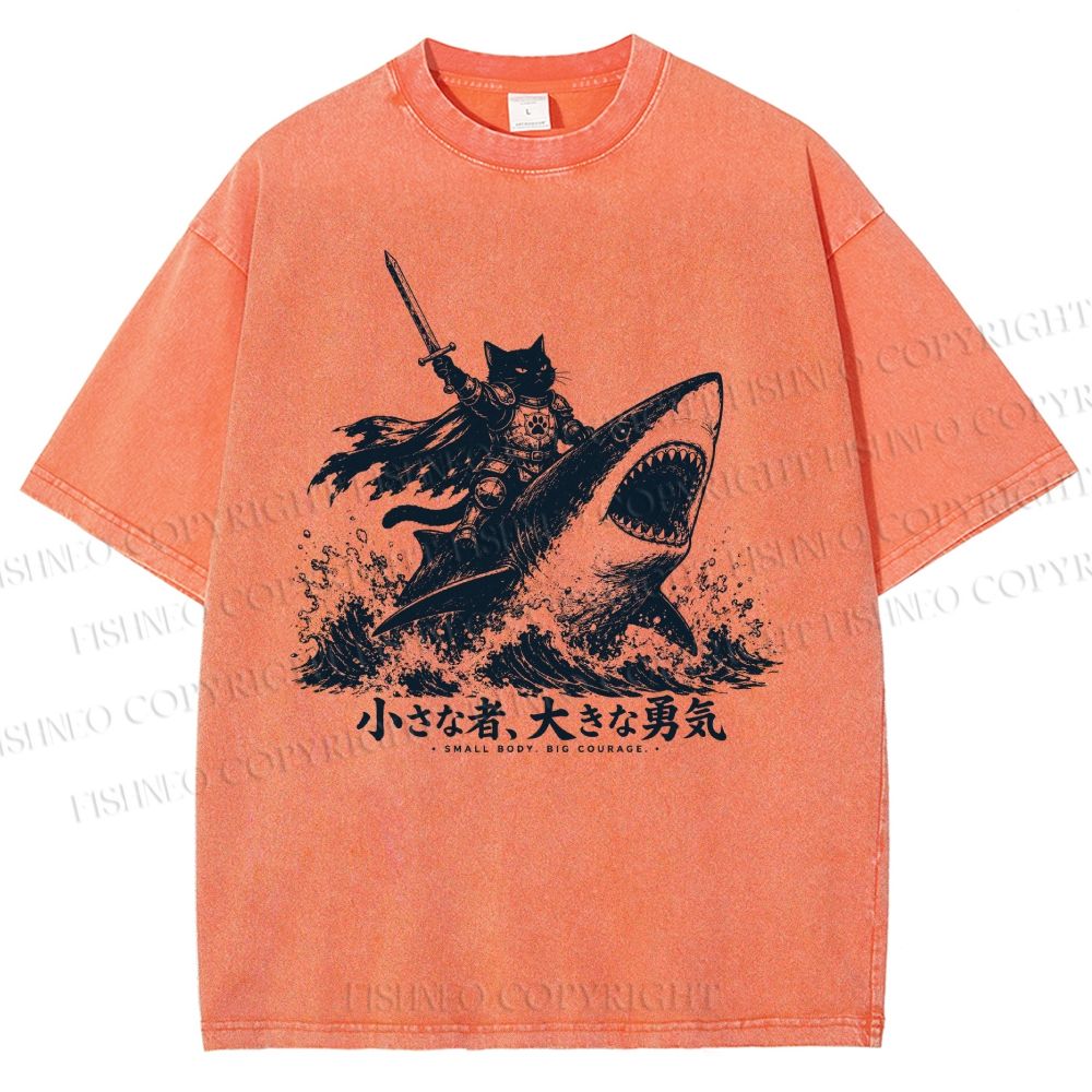Unisex Samurai Cat Riding Shark Printed Washed Tee