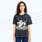 Unisex Samurai Cat Riding Shark Printed Washed Tee