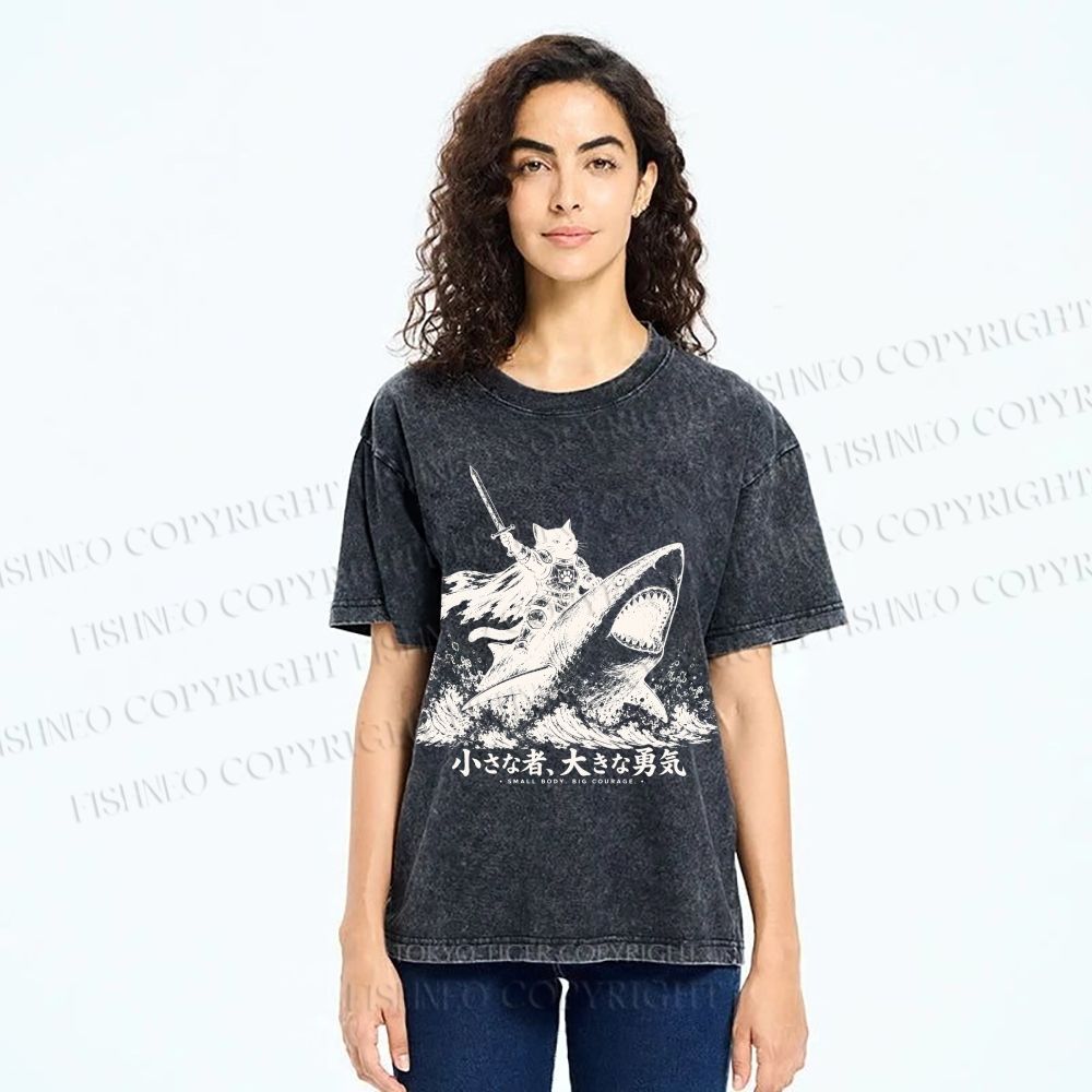 Unisex Samurai Cat Riding Shark Printed Washed Tee