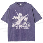 Unisex Samurai Cat Riding Shark Printed Washed Tee