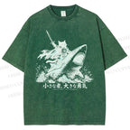 Unisex Samurai Cat Riding Shark Printed Washed Tee