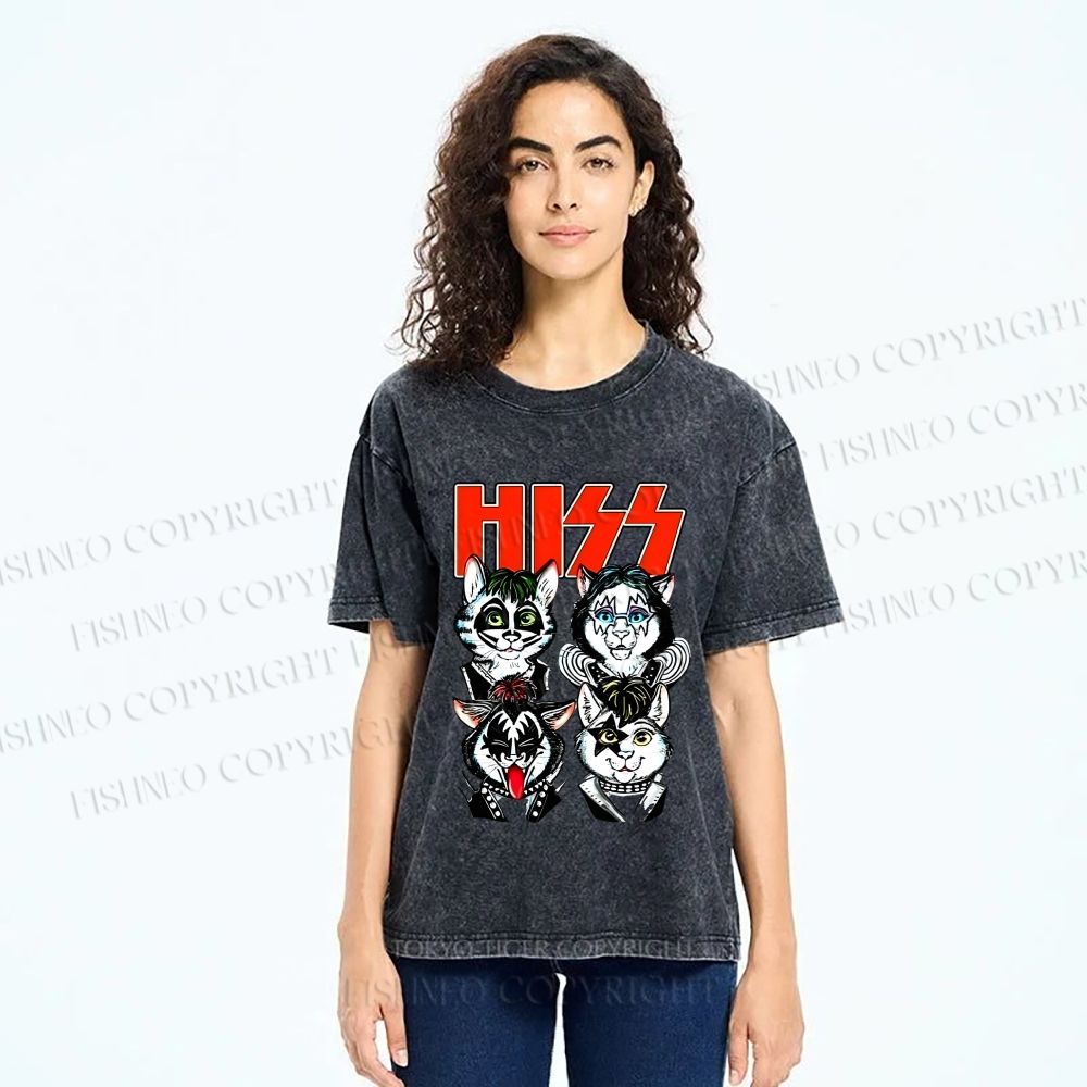 Unisex Kitty Band Printed Washed Tee