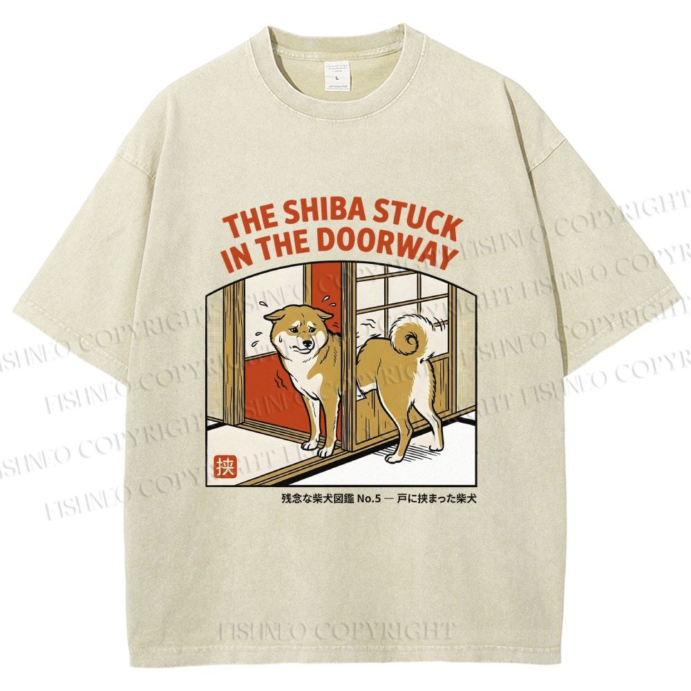 Unisex The Shiba Stuck In The Doorway Printed Washed Tee