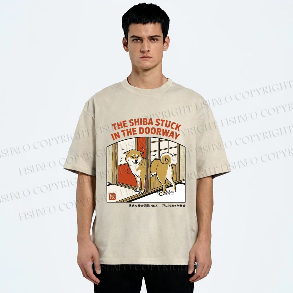 Unisex The Shiba Stuck In The Doorway Printed Washed Tee
