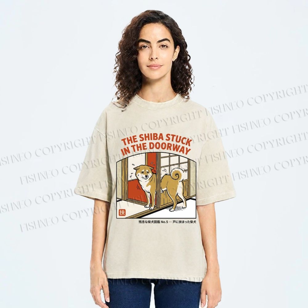 Unisex The Shiba Stuck In The Doorway Printed Washed Tee