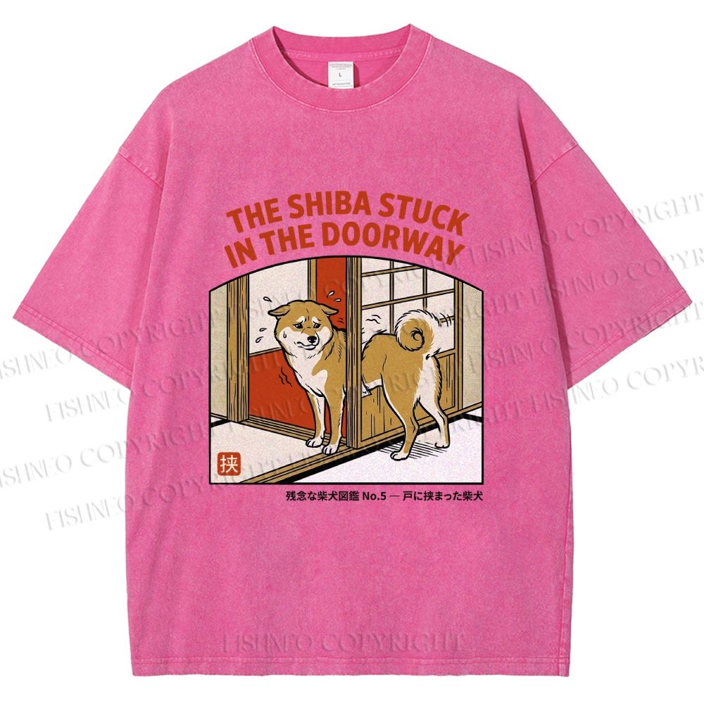 Unisex The Shiba Stuck In The Doorway Printed Washed Tee