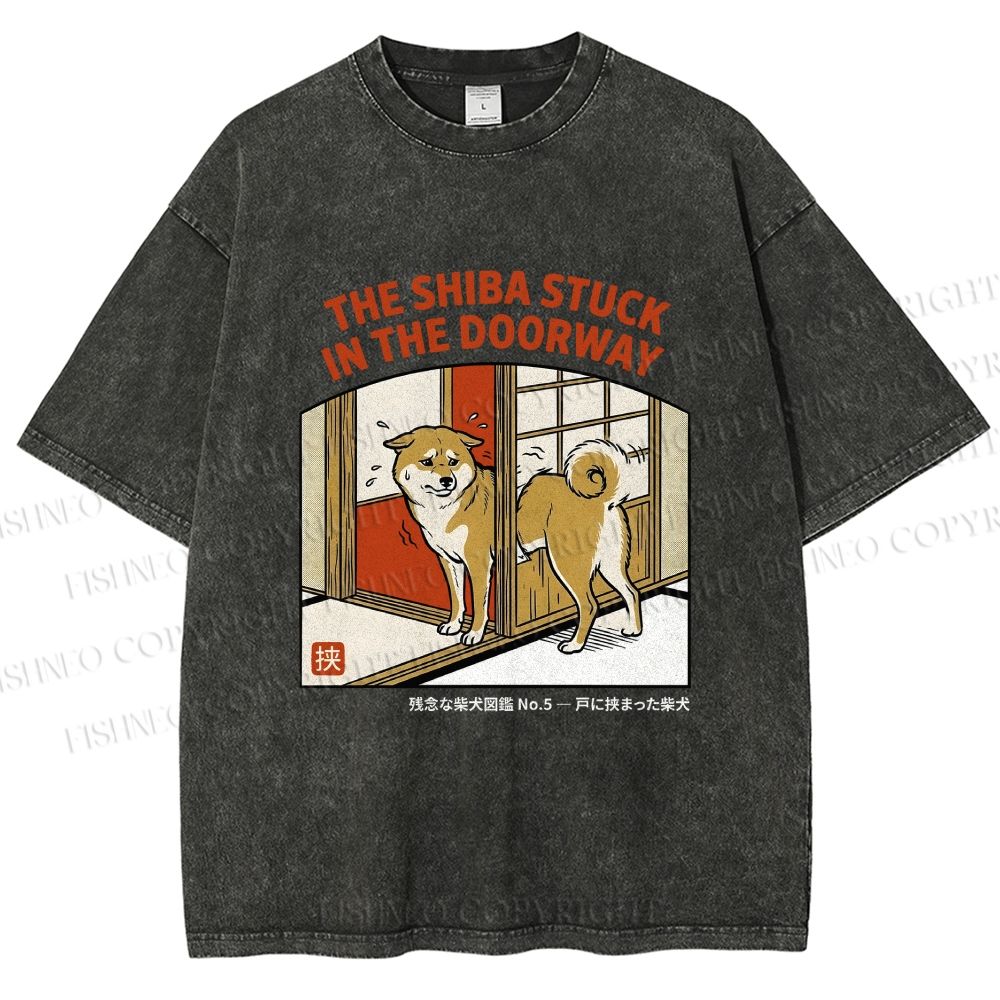 Unisex The Shiba Stuck In The Doorway Printed Washed Tee
