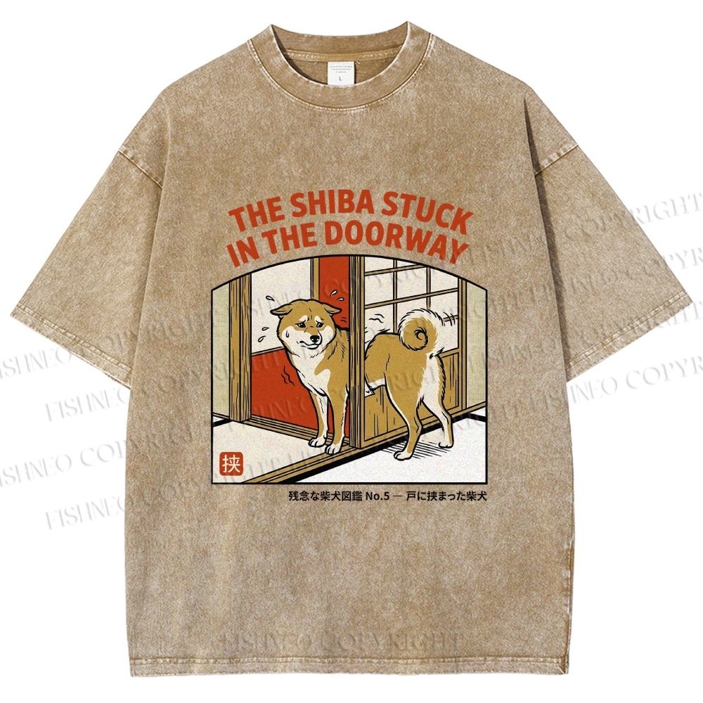 Unisex The Shiba Stuck In The Doorway Printed Washed Tee