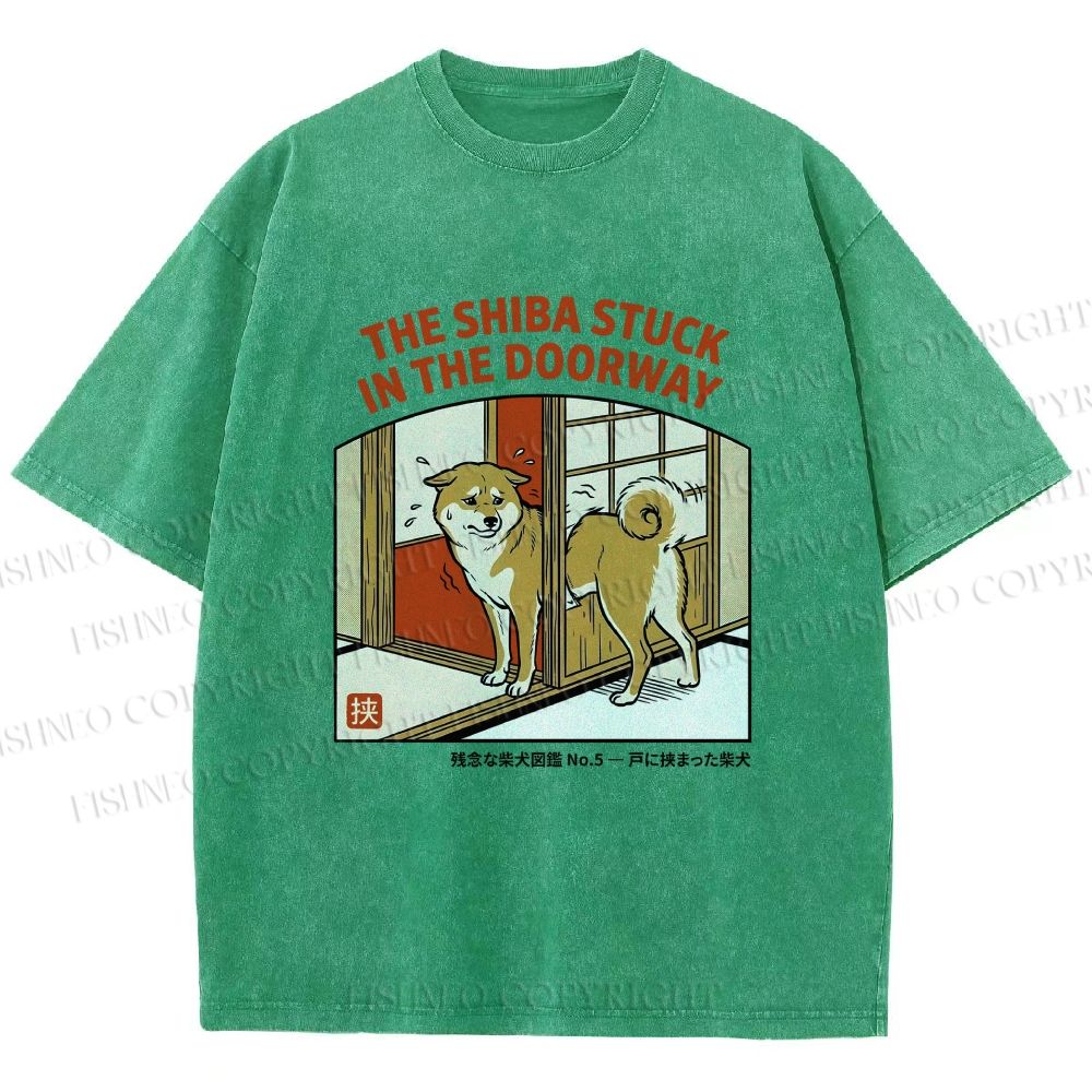 Unisex The Shiba Stuck In The Doorway Printed Washed Tee