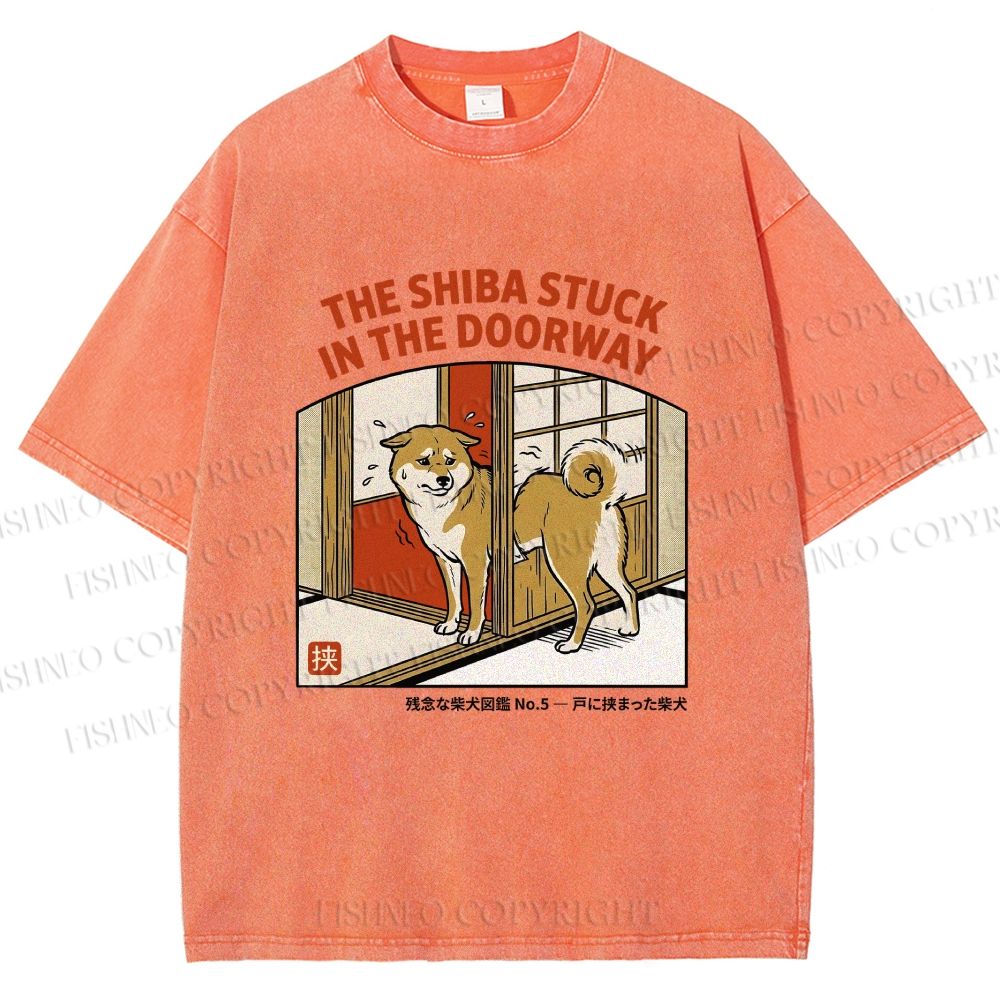 Unisex The Shiba Stuck In The Doorway Printed Washed Tee