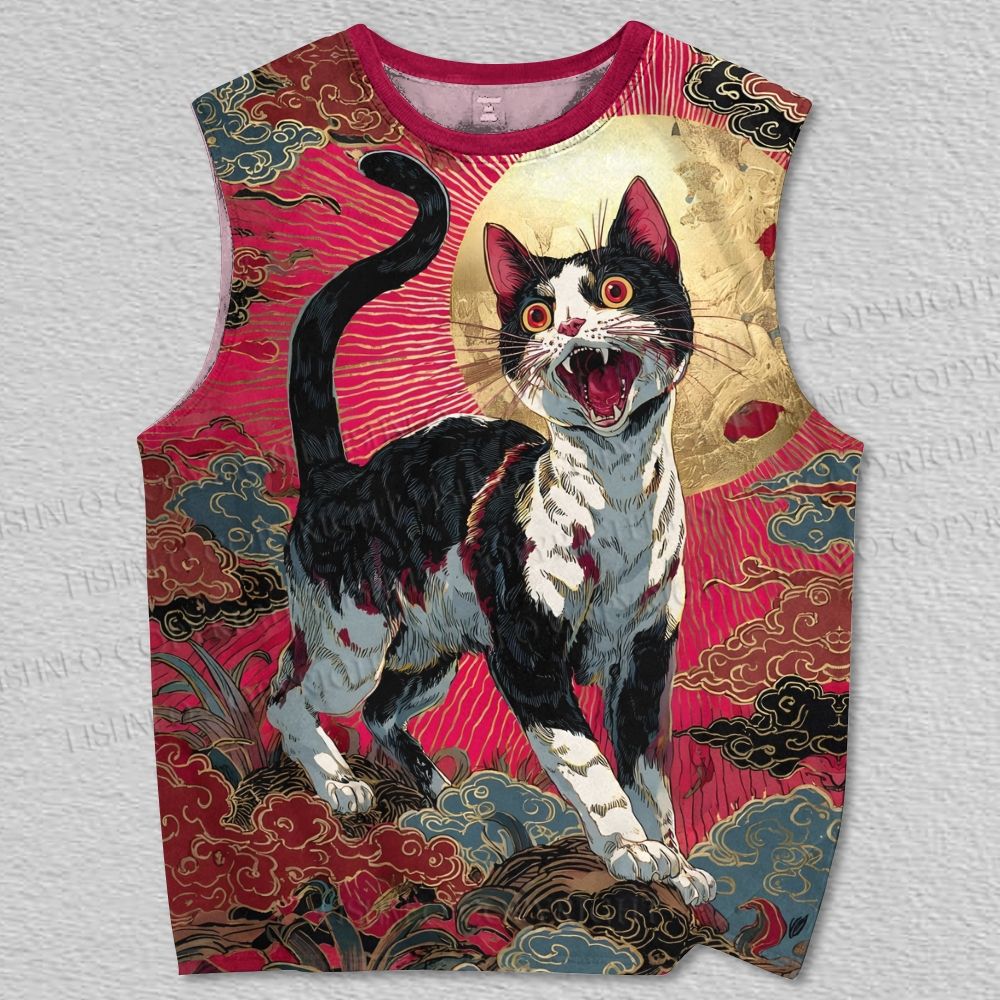 Unisex Screaming Cat Ukiyo-e Printed Tank Top
