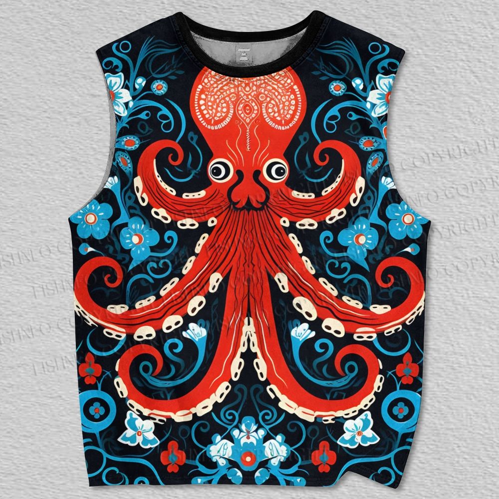 Unisex Vintage Red Octopus in Flowers Printed Tank Top