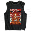 Unisex Japanese Bear Sitting Below Sakura Printed Washed Tank Top