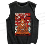Unisex Japanese Bear Sitting Below Sakura Printed Washed Tank Top