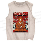 Unisex Japanese Bear Sitting Below Sakura Printed Washed Tank Top