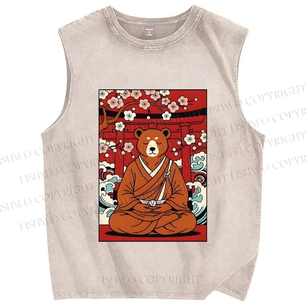 Unisex Japanese Bear Sitting Below Sakura Printed Washed Tank Top