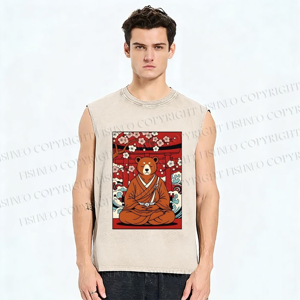 Unisex Japanese Bear Sitting Below Sakura Printed Washed Tank Top