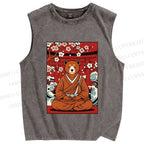Unisex Japanese Bear Sitting Below Sakura Printed Washed Tank Top