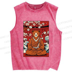 Unisex Japanese Bear Sitting Below Sakura Printed Washed Tank Top