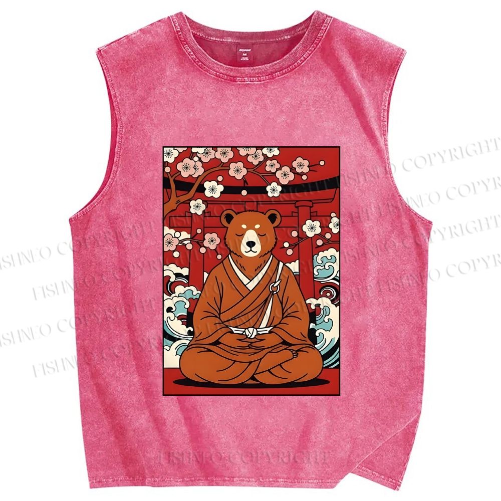 Unisex Japanese Bear Sitting Below Sakura Printed Washed Tank Top