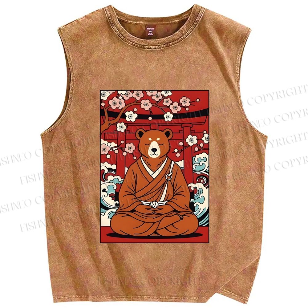 Unisex Japanese Bear Sitting Below Sakura Printed Washed Tank Top