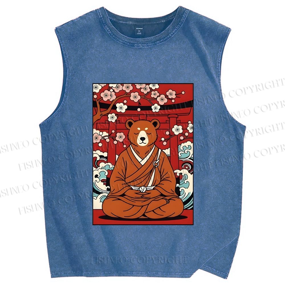 Unisex Japanese Bear Sitting Below Sakura Printed Washed Tank Top