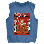 Unisex Japanese Bear Sitting Below Sakura Printed Washed Tank Top