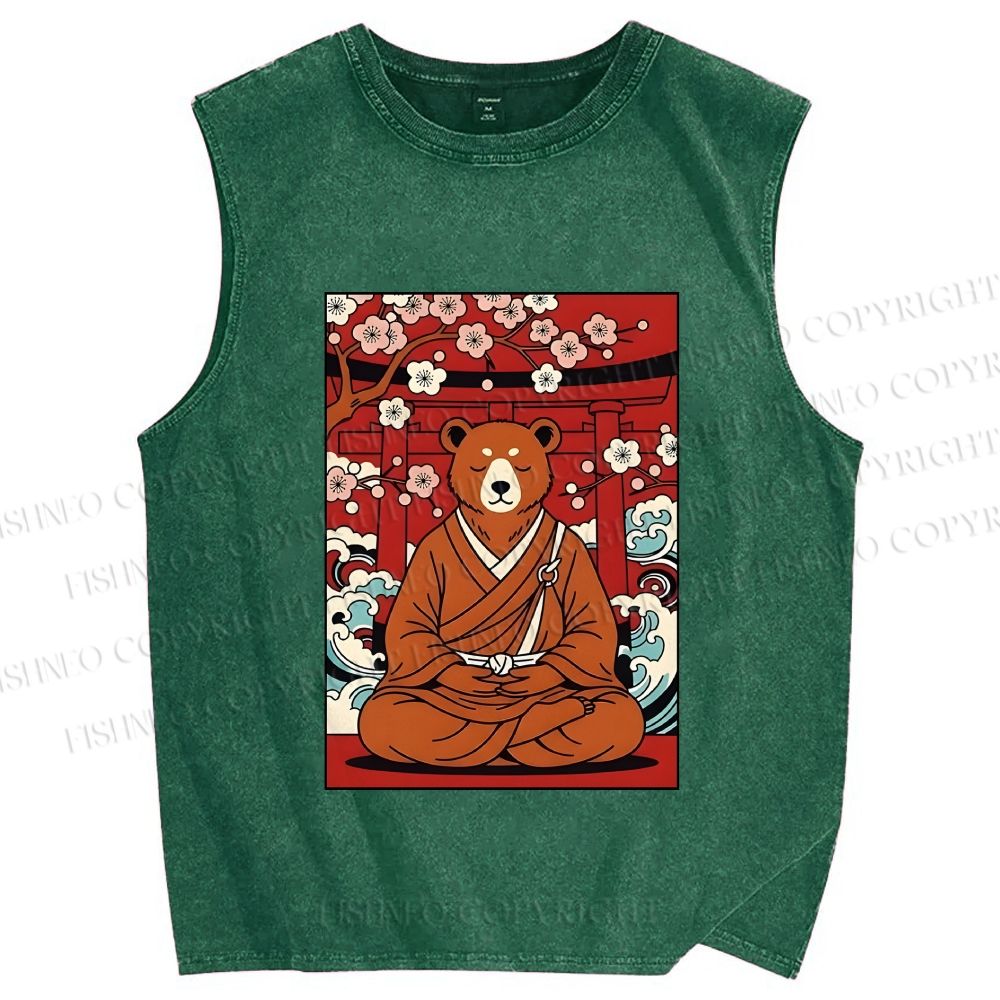 Unisex Japanese Bear Sitting Below Sakura Printed Washed Tank Top