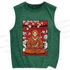 Unisex Japanese Bear Sitting Below Sakura Printed Washed Tank Top