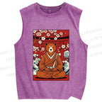 Unisex Japanese Bear Sitting Below Sakura Printed Washed Tank Top