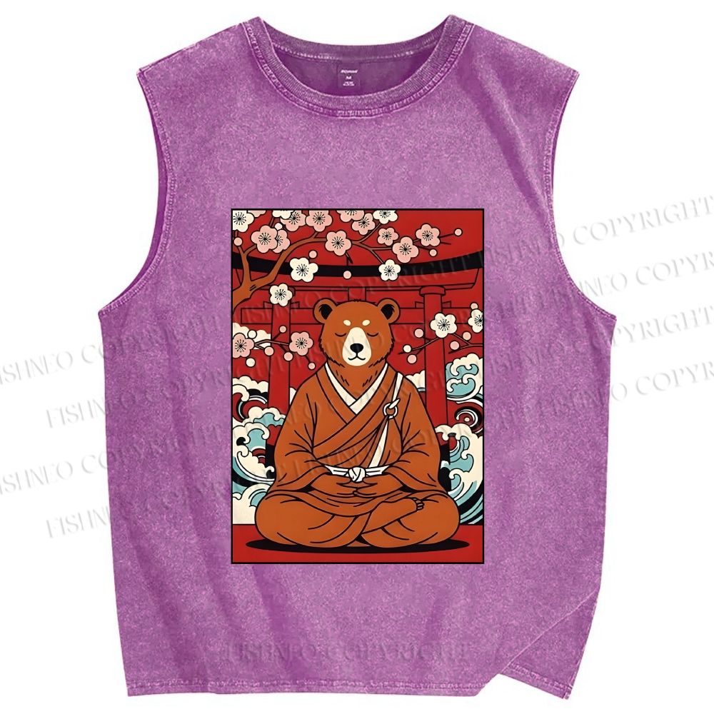 Unisex Japanese Bear Sitting Below Sakura Printed Washed Tank Top