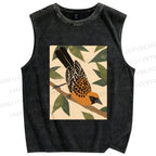 Unisex Vintage Bird on Tree Printed Washed Tank Top