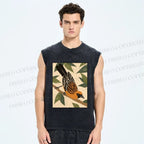 Unisex Vintage Bird on Tree Printed Washed Tank Top