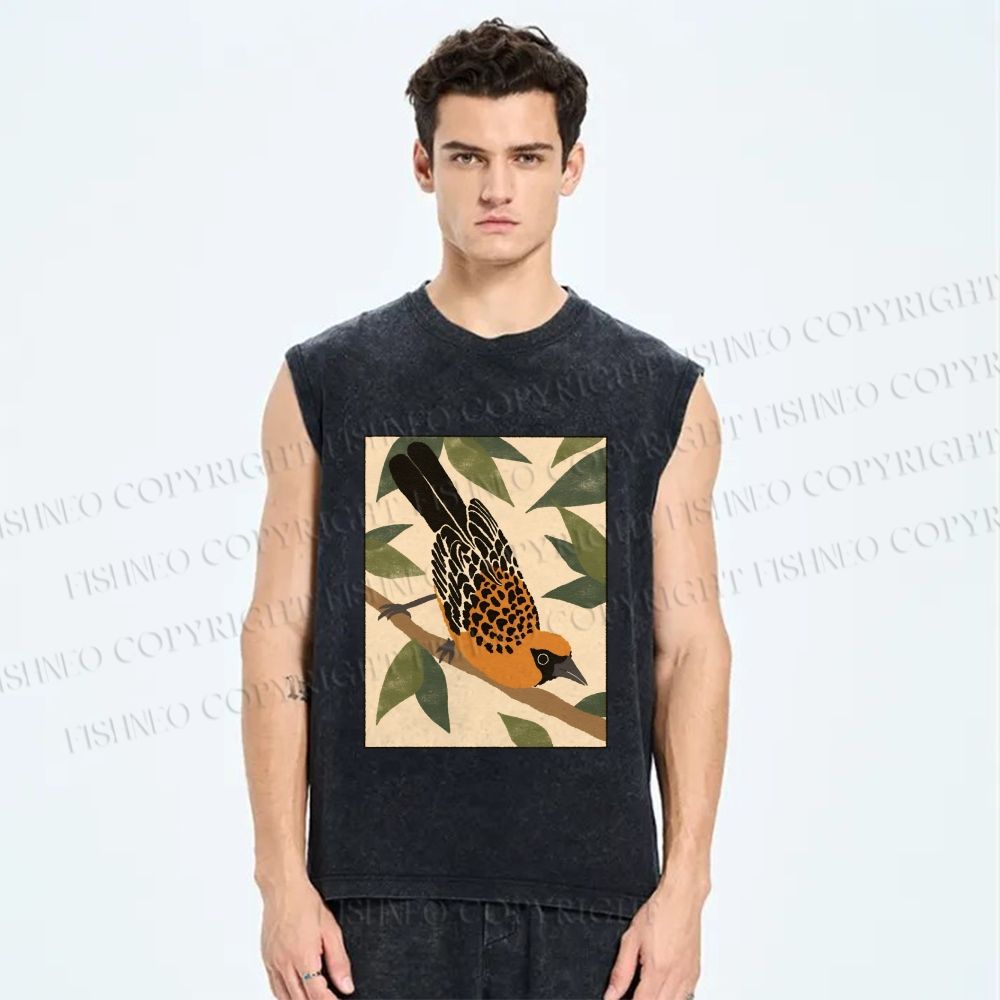 Unisex Vintage Bird on Tree Printed Washed Tank Top