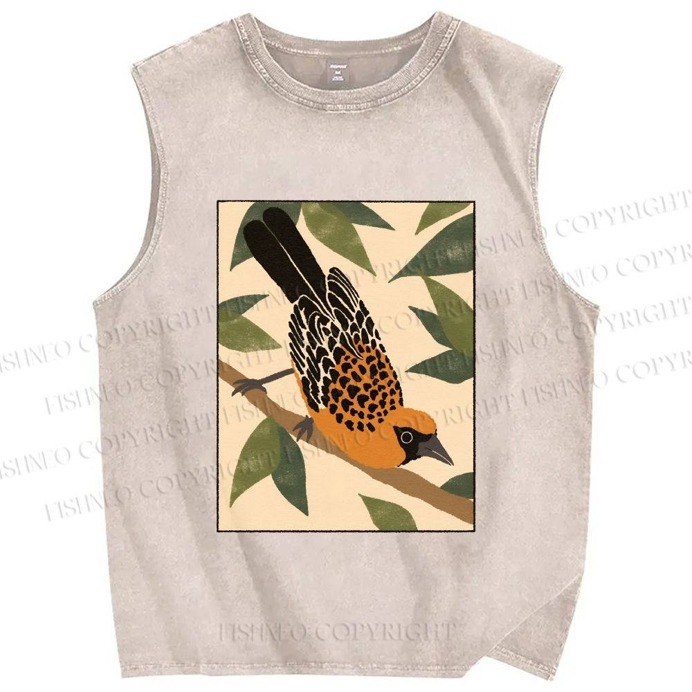Unisex Vintage Bird on Tree Printed Washed Tank Top